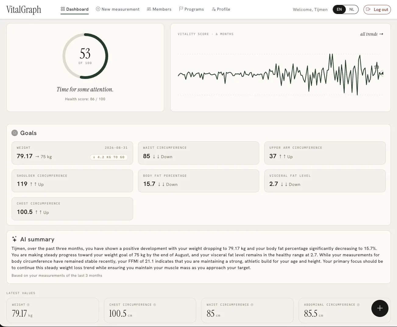 VitalGraph dashboard with timeline, measurements and goals
